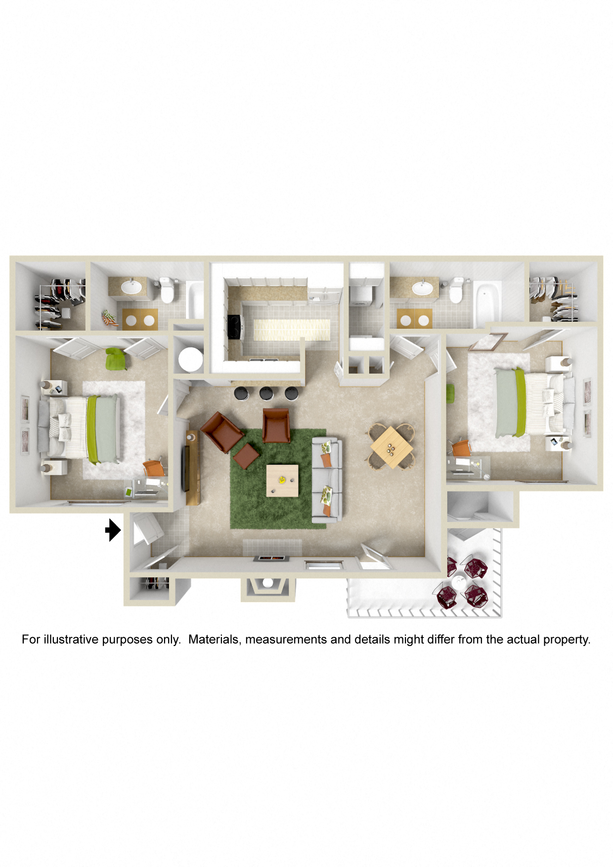 Floor plan for 2 beds, 2 baths, 1050 sqft
